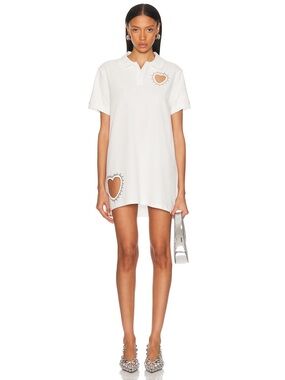 AREA Crystal Heart Cutout Polo Dress in White, Size Large